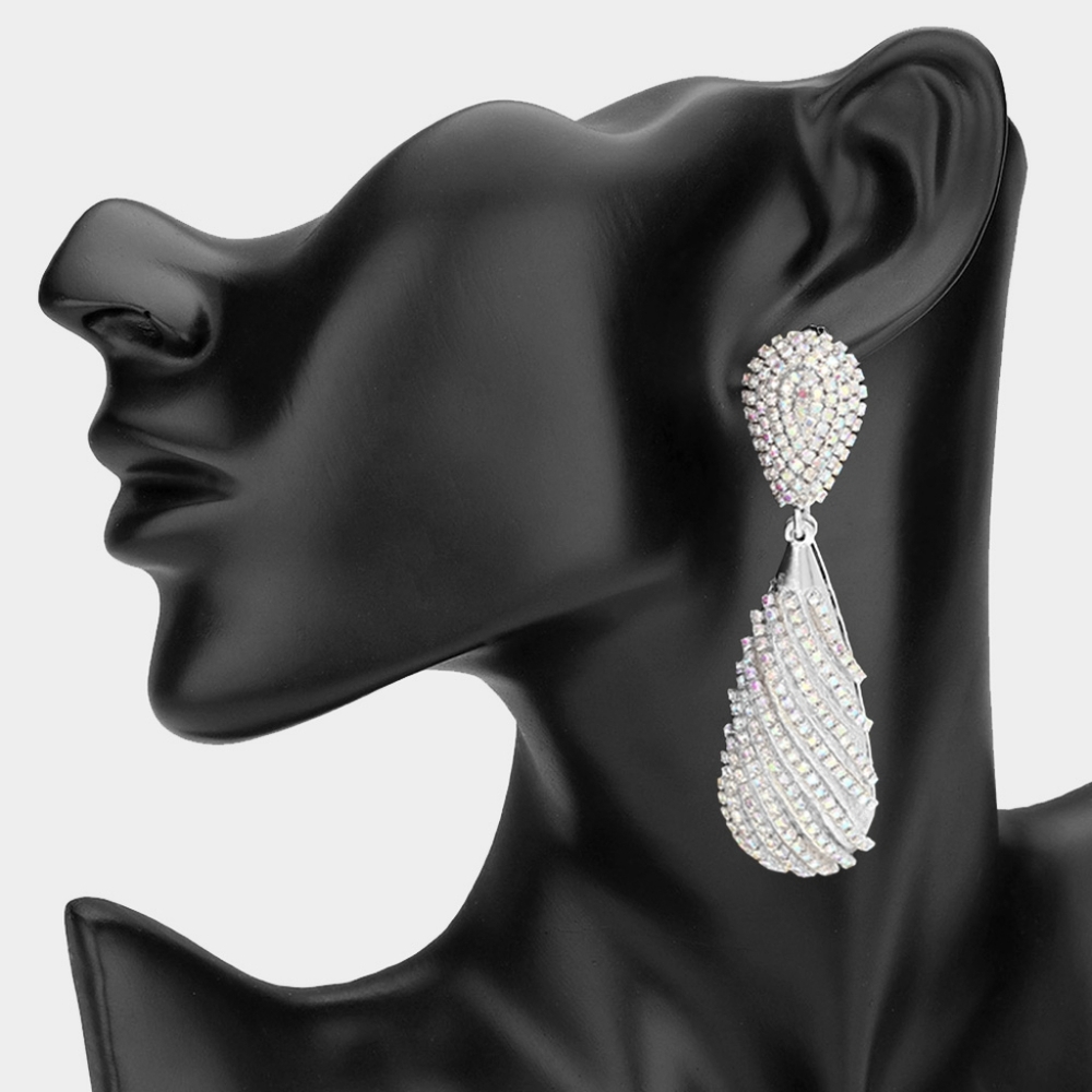 Abalone Silver Oversized Teardrop Dangle Earrings Big Crystal Statement Jewelry